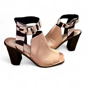 Loeffler Randall Beige Leather Bootie With Zebra Calf-Hair Ankle Wrap